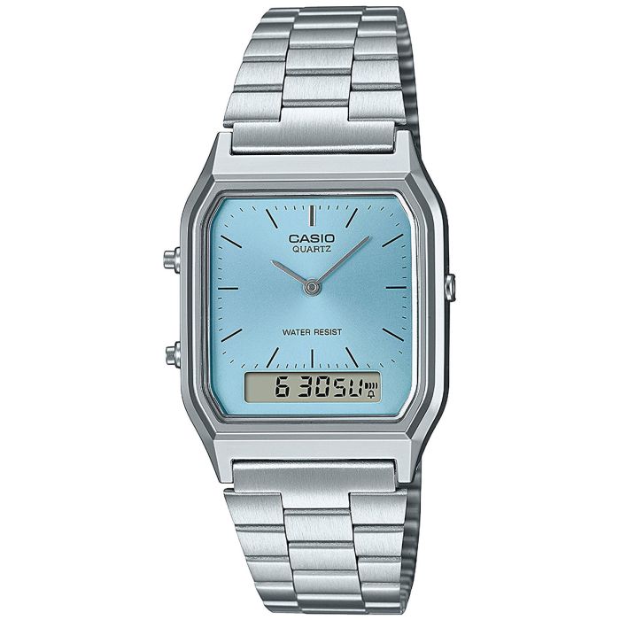 Zegarek Casio AQ-230A-2A1MQYES  z kwadratową koperą o błękitnym kolorze
