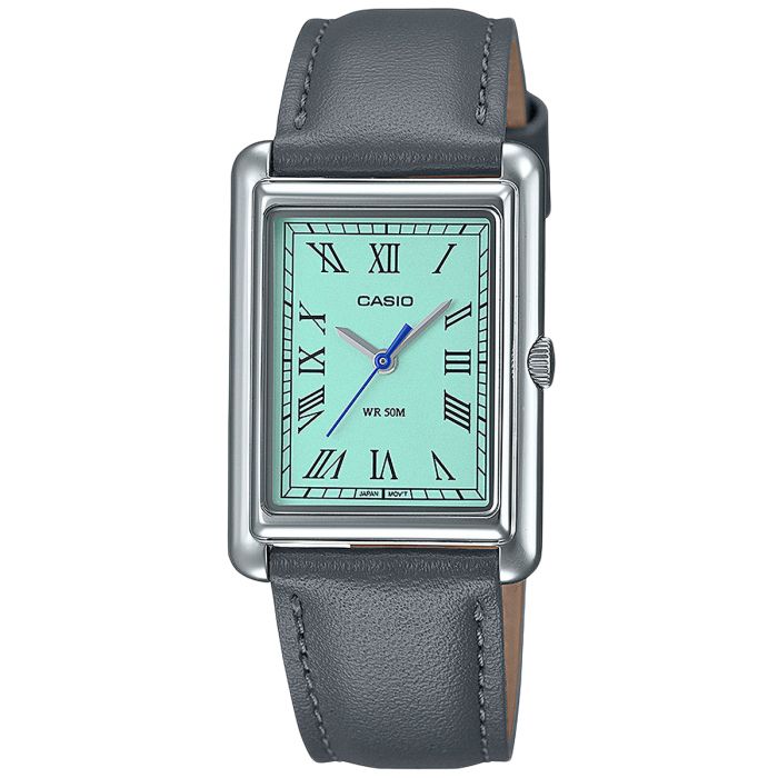 Zegarek damski Casio LTP-B165L-2BVEF z tarczą o odcieniu ,,tiffany blue" oraz na szarym, skórzanym pasku