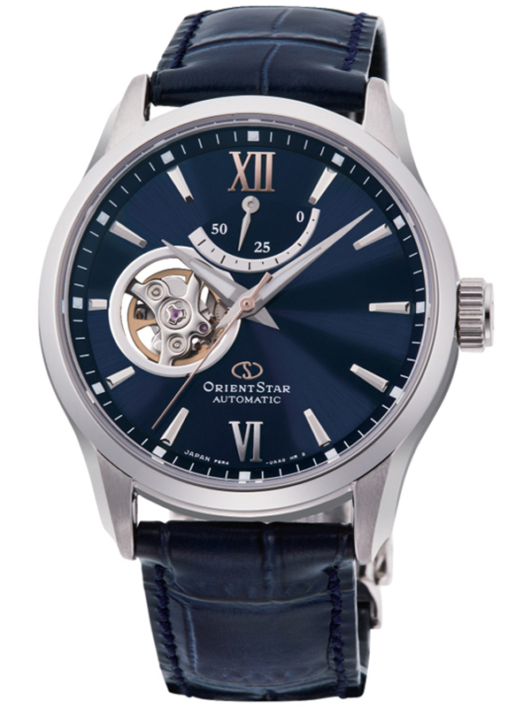 Zegarek męski z niebieską tarczą na sk&oacute;rzanym pasku Orient Star&nbsp;RE-AT0006L00B