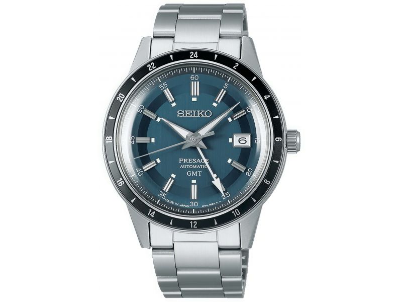 Zegarek męski Seiko GMT Style 60&rsquo;s z mechanizmem automatycznym, szarą tarczą oraz czarnym, sk&oacute;rzanym paskiem