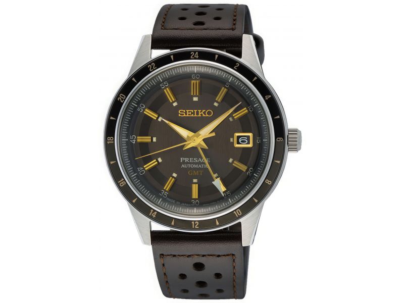 Zegarek męski Seiko GMT Style 60&rsquo;s z mechanizmem automatycznym, szarą tarczą oraz czarnym, sk&oacute;rzanym paskiem