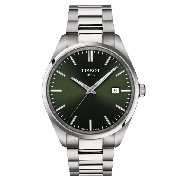 Zegarek męski Tissot T150.410.11.091.00 z zieloną tarczą i srebrną kopertą na stalowej bransolecie