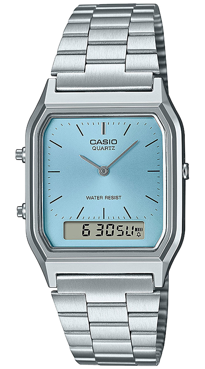 Zegarek Casio AQ-230A-2A1MQYES  z kwadratową koperą o błękitnym kolorze