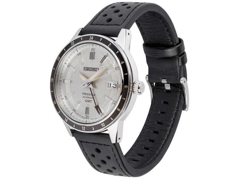 Zegarek męski Seiko GMT Style 60&rsquo;s z mechanizmem automatycznym, szarą tarczą oraz czarnym, sk&oacute;rzanym paskiem