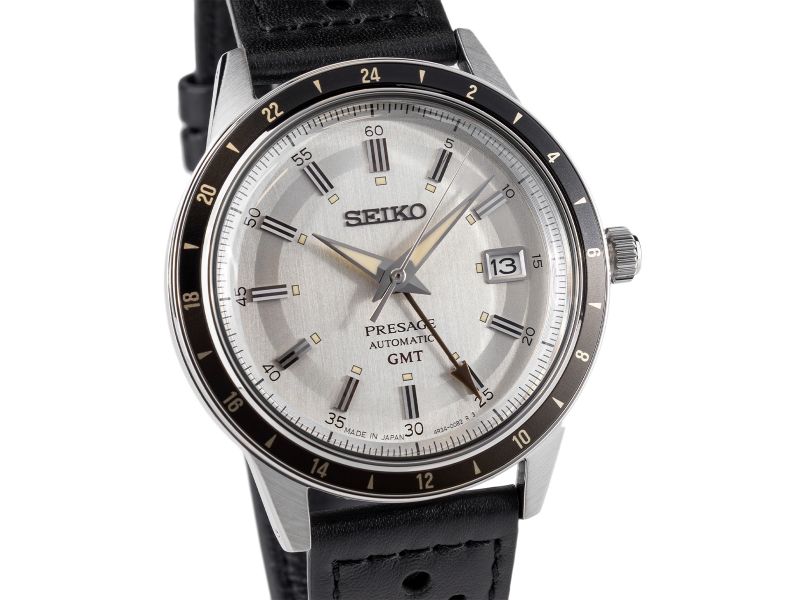 Zegarek męski Seiko GMT Style 60&rsquo;s z mechanizmem automatycznym, szarą tarczą oraz czarnym, sk&oacute;rzanym paskiem