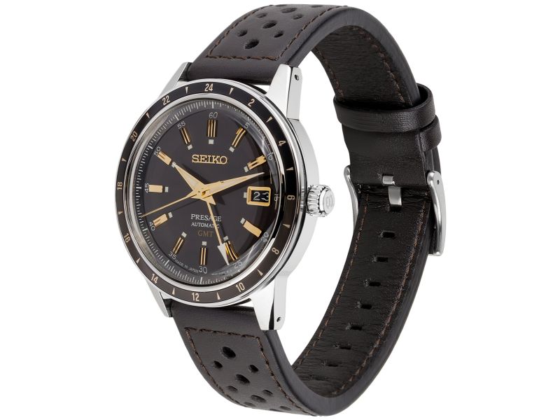 Zegarek męski Seiko GMT Style 60&rsquo;s z mechanizmem automatycznym, szarą tarczą oraz czarnym, sk&oacute;rzanym paskiem