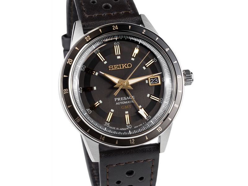 Zegarek męski Seiko GMT Style 60&rsquo;s z mechanizmem automatycznym, szarą tarczą oraz czarnym, sk&oacute;rzanym paskiem